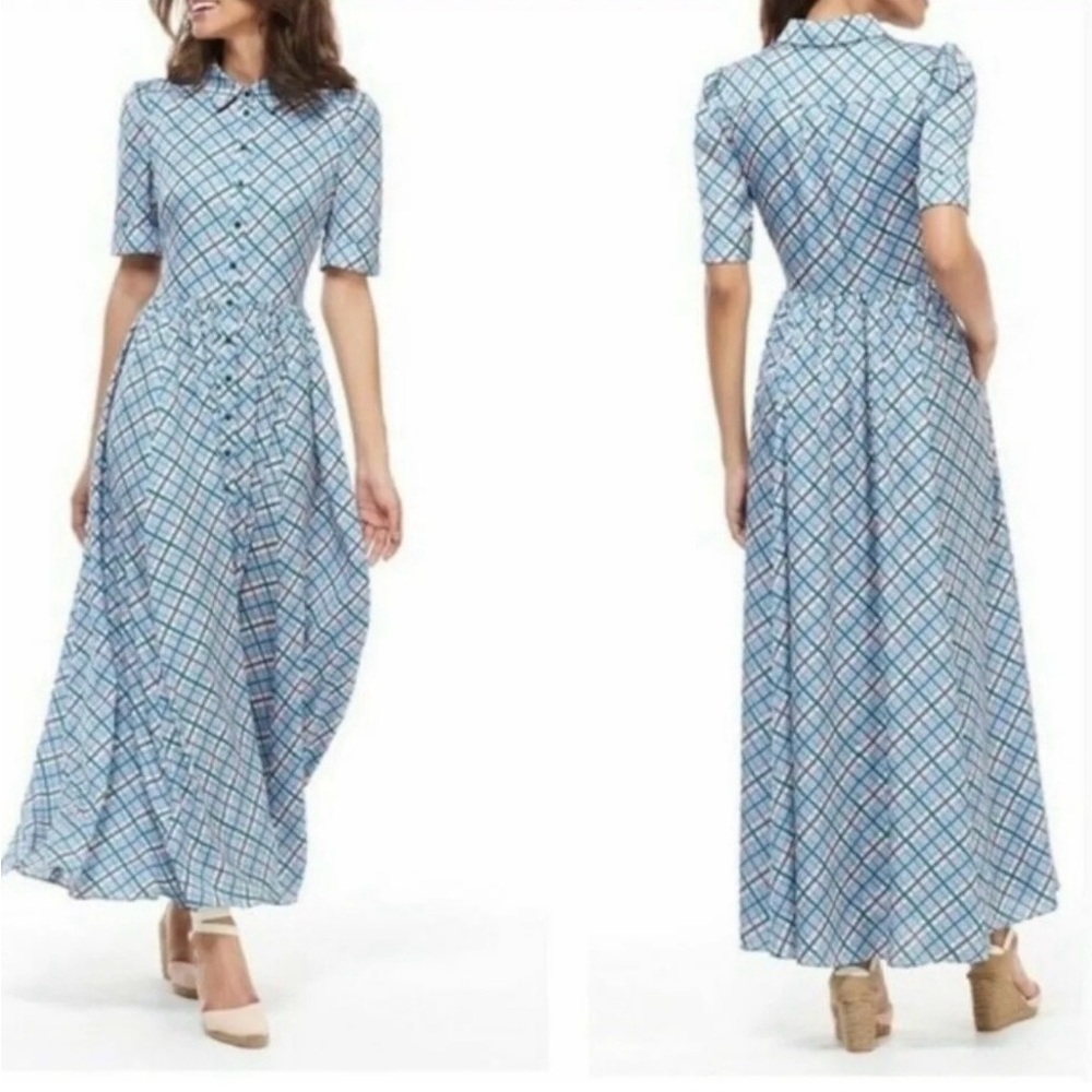 Gal Meets Glam Collection Colette Blue Plaid Button-Down Maxi Dress Size 12 - Picture 14 of 16
